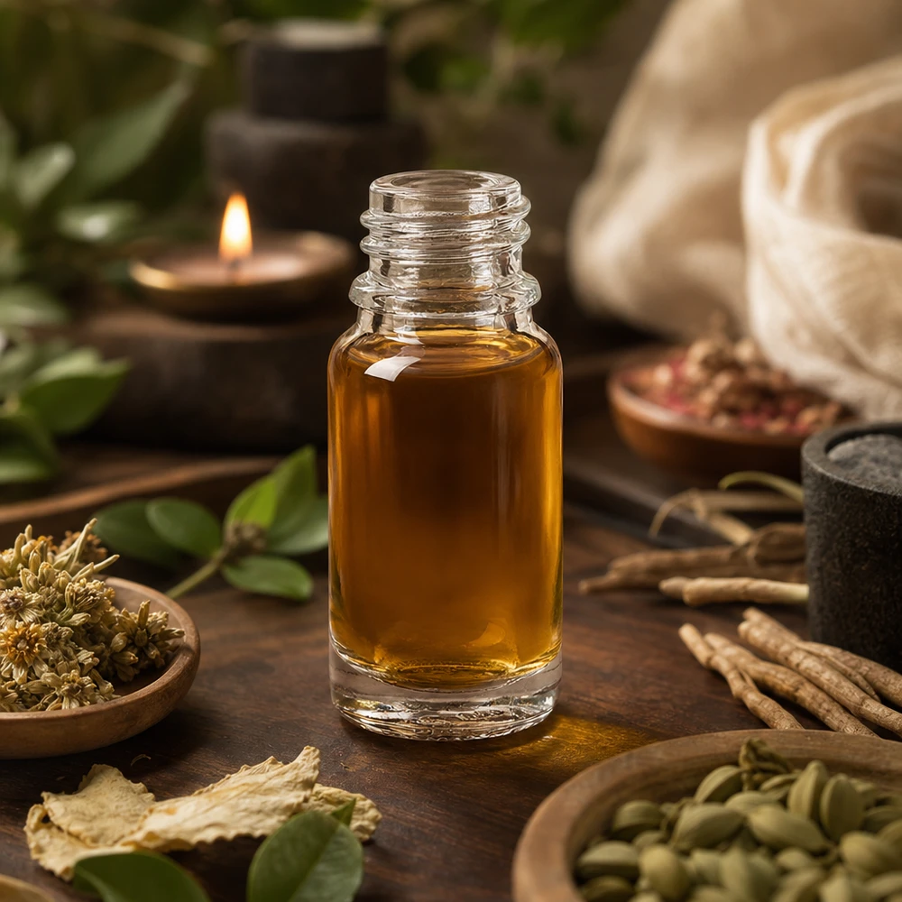 10ml apothekersfles ClearLine DIN18 UNiTWIST Doorzichtige apothekersfles van 10 ml UNiTWIST met etherische olie, tussen geneeskrachtige kruiden en houten schaaltjes
