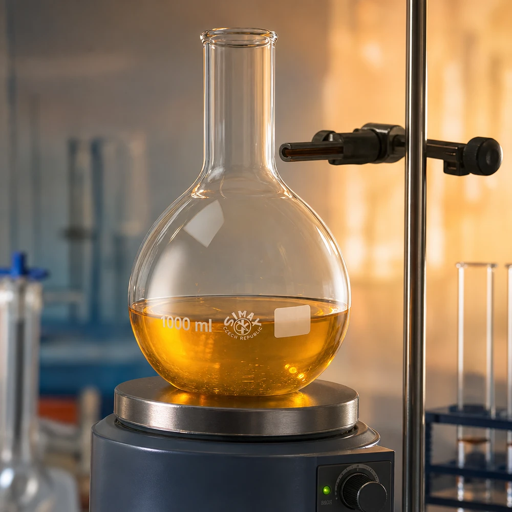 Platbodem kolf 1000ml nauwe hals borosilicaat met afgeronde rand Professionele staande kolf met smalle hals van 1000 ml voor refluxopbouw en condensatieprocessen