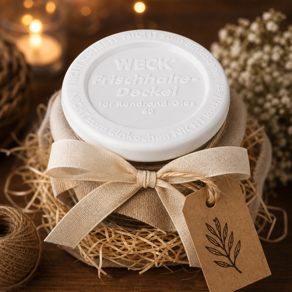 WECK keep-fresh deksel RR60 geschenkverpakking rustieke decoratie linnen strik kraftpapier label kerstmis