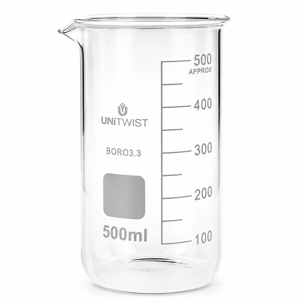 Beker 500ml borosilicaat, hoge vorm UNITWIST Chemiebestendige laboratoriumbeker van 500 ml, hoog model, van borosilicaatglas, met ruimte voor opschriften