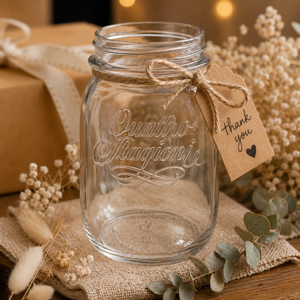500ml huishoudglas "Quattro Stagioni" 500 ml Quattro Stagioni huishoudpot met bedankkaartje op een rustieke houten tafel versierd met gedroogde bloemen
