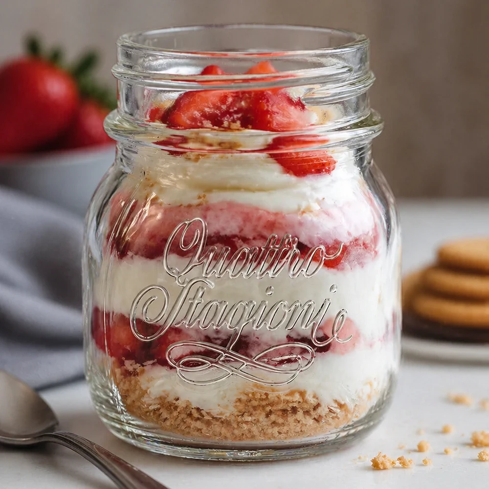 150ml huishoudglas "Quattro Stagioni" 150 ml Quattro Stagioni huishoudglas gevuld met een gelaagd dessert van aardbeien en room op een wit keukenblad