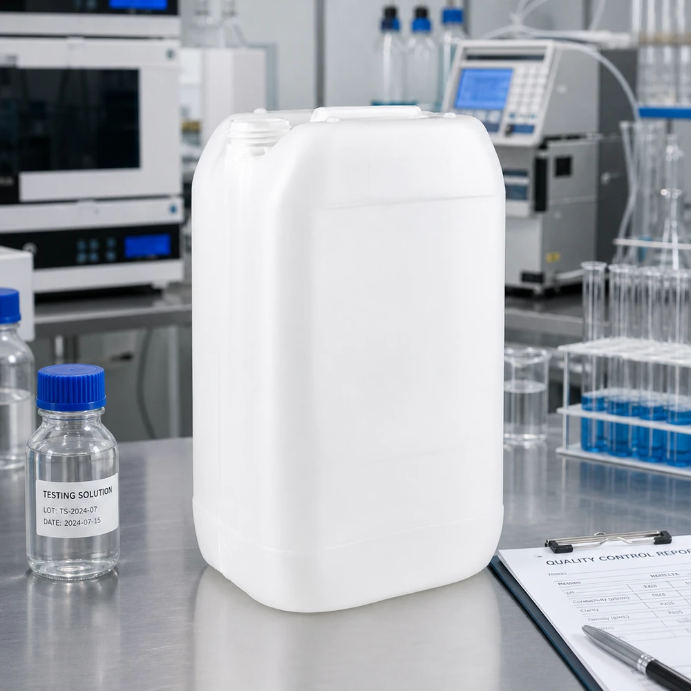 Voedselveilige kunststofkan van 15 liter zonder sluiting in een analytisch testlaboratorium