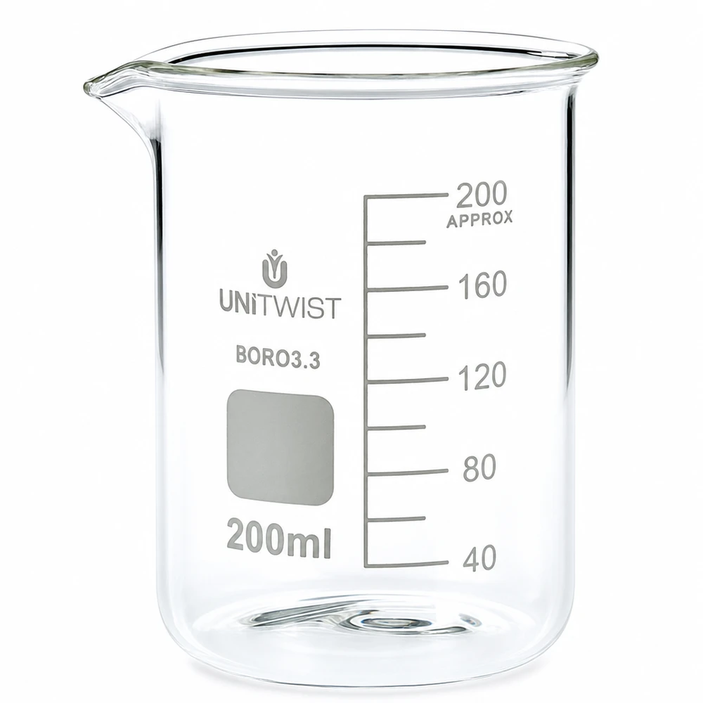 Beker 200ml borosilicaat, schimmelarm UNiTWIST Chemieglas, bekerglas 200 ml, laag, met handvat, borosilicaatglas, met ruimte voor opschriften
