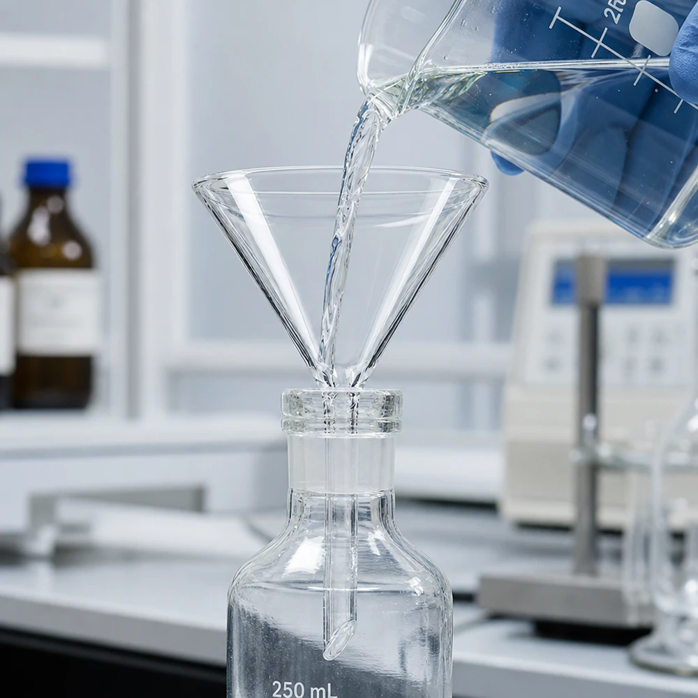 Glazen trechter Ø 75mm - borosilicaat 3.3 - 60° hoek Transparante glazen trechter 75mm korte steel gemaakt van robuust borosilicaat voor het veilig decanteren van vloeistoffen