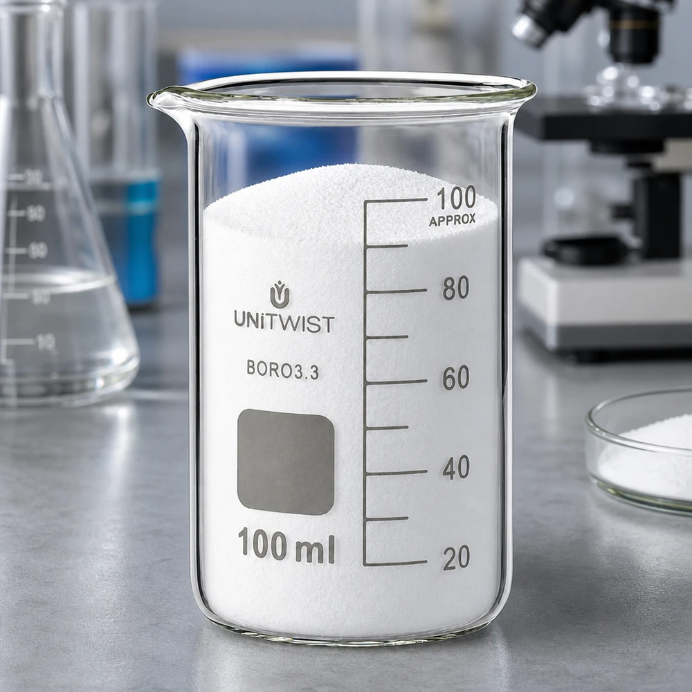 Beker 100ml borosilicaat, hoge vorm UNITWIST Doorzichtig laboratoriumbekerglas 100 ml UNITWIST BORO3.3, hoge vorm met wit chemisch poeder