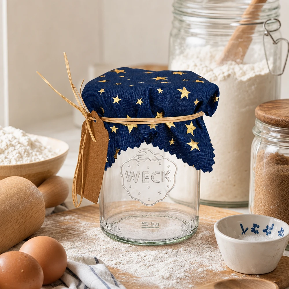 Blauwe ster 12cm op een lege inmaakpot in een rustieke keuken met eieren, bloem en bakingrediënten
