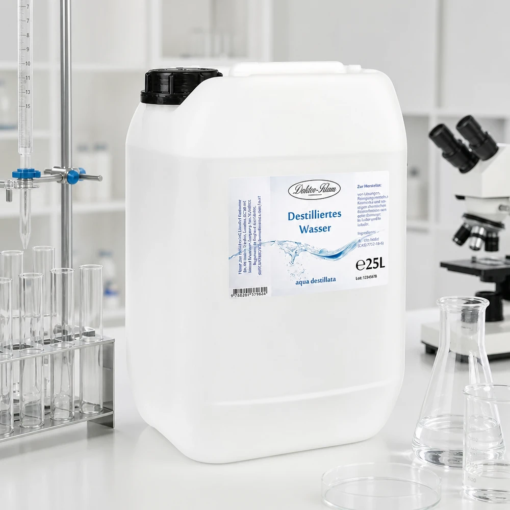 25 liter gedestilleerd water - Aqua dest in blanke premium jerrycan van Doktor Klaus Laboratoriumkwaliteit gedestilleerd water Doktor-Klaus 25 liter voor wetenschappelijke experimenten en onderzoek