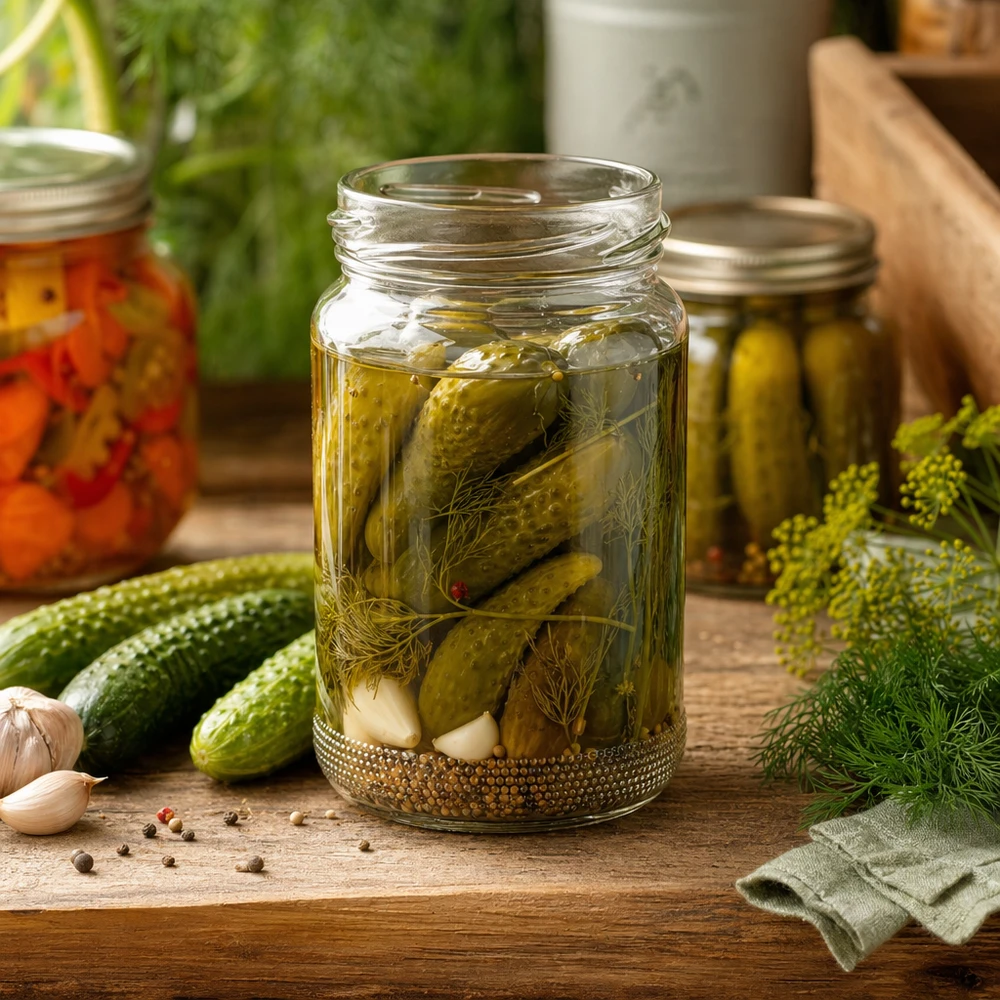 Ingemaakte komkommers in een UNiTWIST Runda110 ronde pot 110ml TO48 met dille en kruiden op een houten tafel