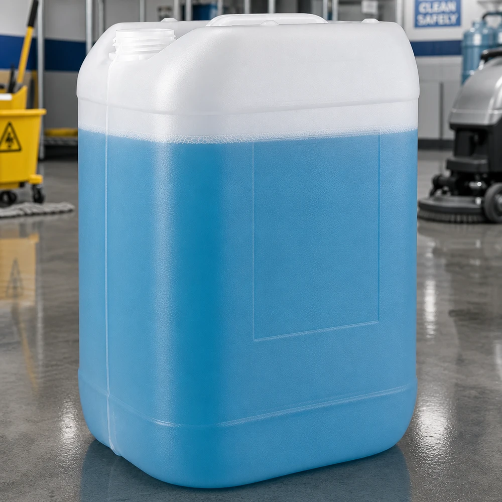 Industriële jerrycan van 25 liter zonder dop op een betonnen vloer naast een gele schoonmaakwagen