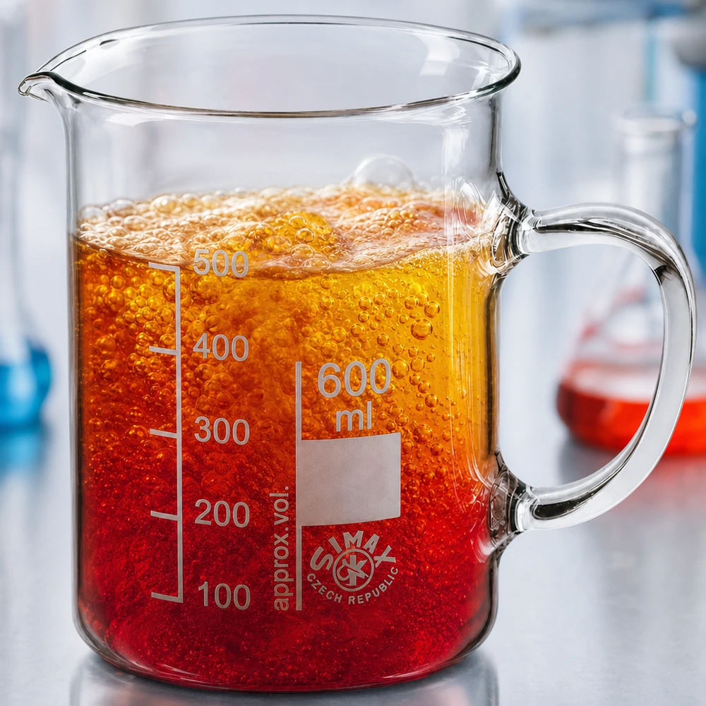 Bekerglas 600 ml van hittebestendig borosilicaatglas met handvat Becherglas van 600 ml met bruisende oranjerode vloeistof en zichtbare belletjesvorming