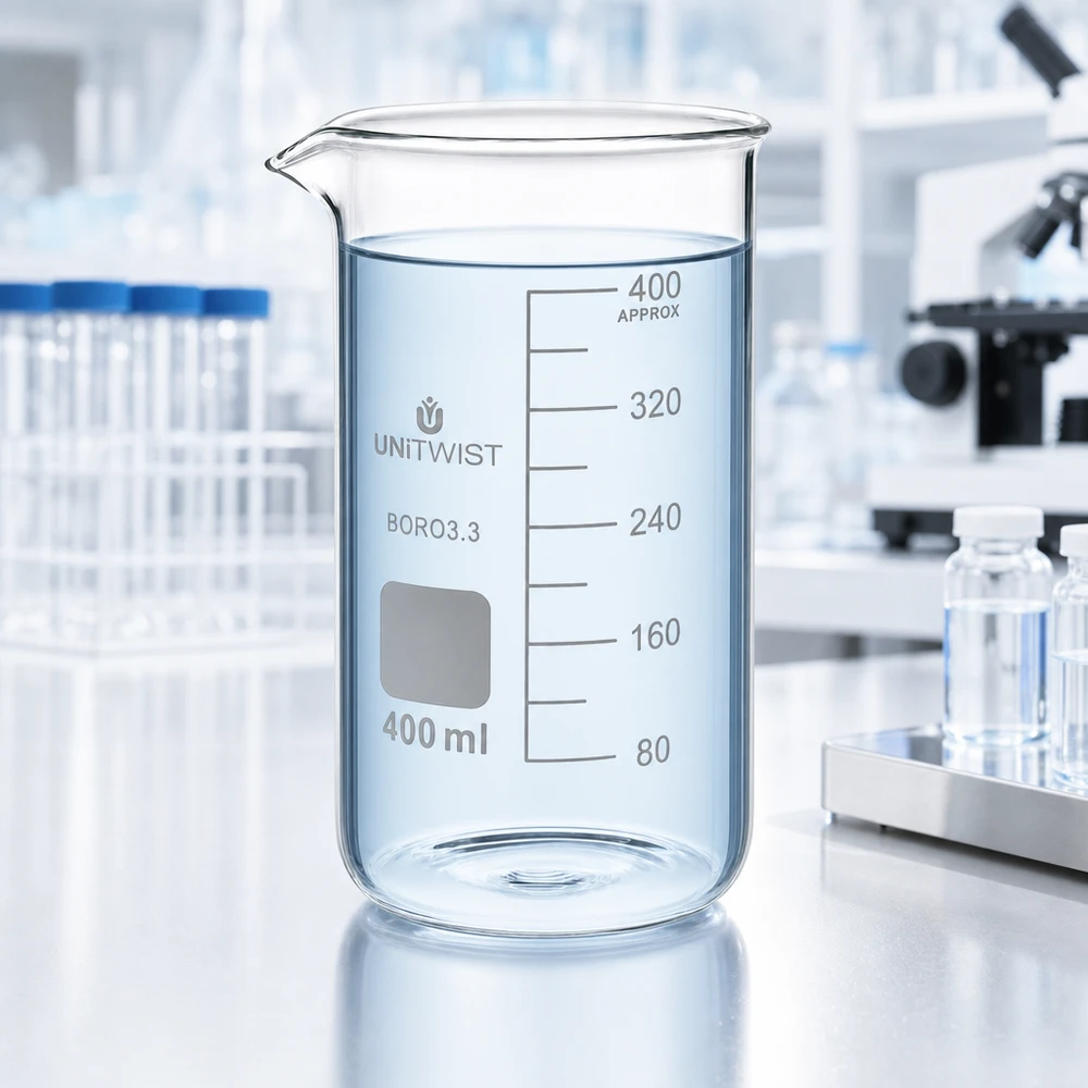 Beker 400ml borosilicaat, hoge vorm UNITWIST Borosilicaatglas bekerglas van 400 ml, hoog model, gevuld met helder water op een wit laboratoriumwerkblad