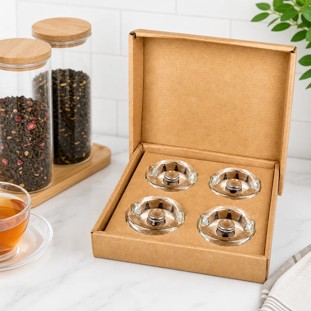 UNiTWIST fermentatie pot gewichten set van 4 in kartonnen doos naast glazen theepotten en kruidenpotten met houten deksels