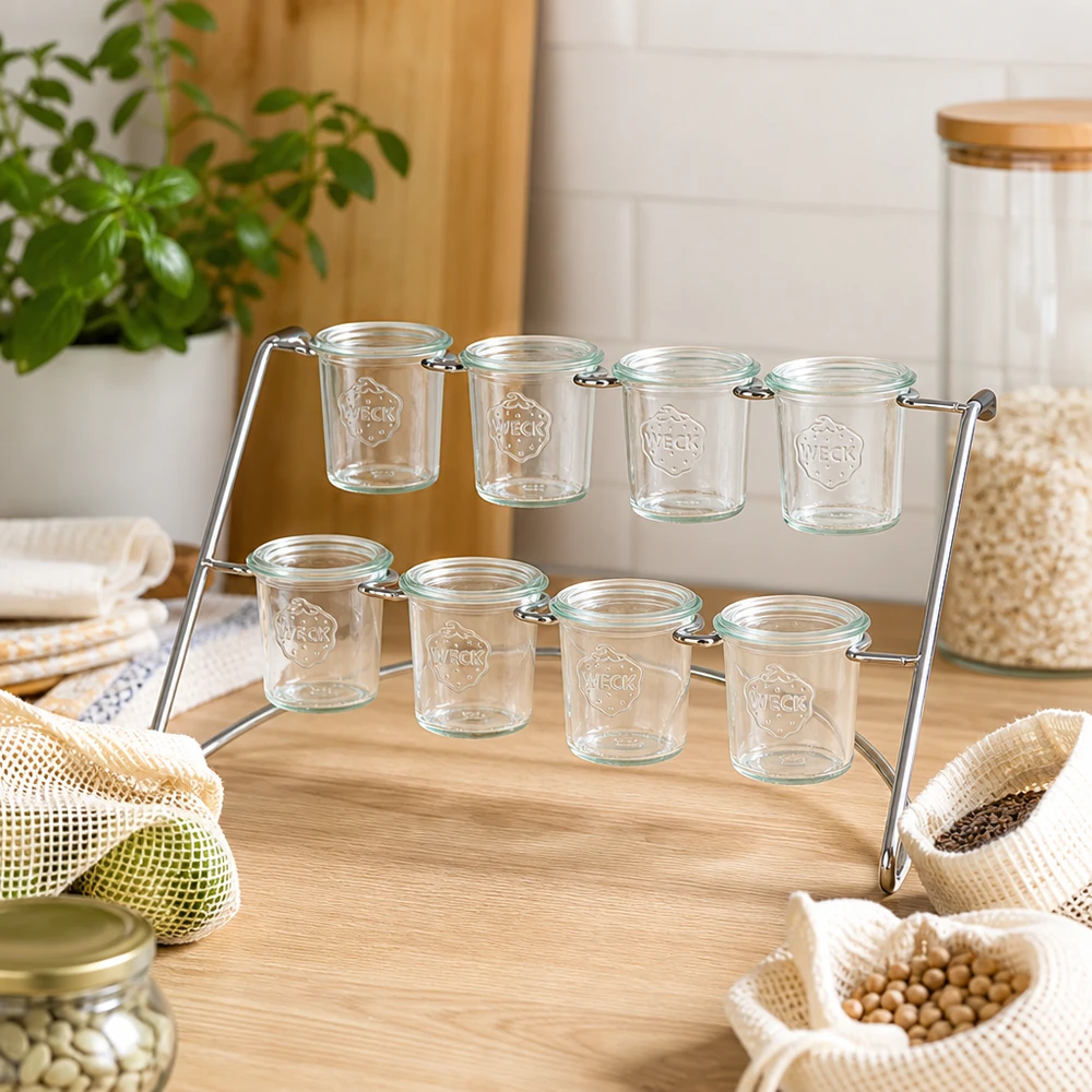 Serveerrek Flato8 voor 8 WECK-glazen Flato8 serveerrek met lege WECK bekers in een natuurlijke keukenomgeving met biologische producten en duurzaamheid
