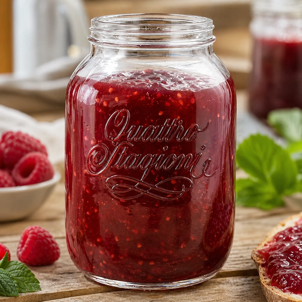 3000ml huishoudglas "Quattro Stagioni" 3000ml Quattro Stagioni huishoudpot gevuld met rode jam naast verse aardbeien op houten tafel