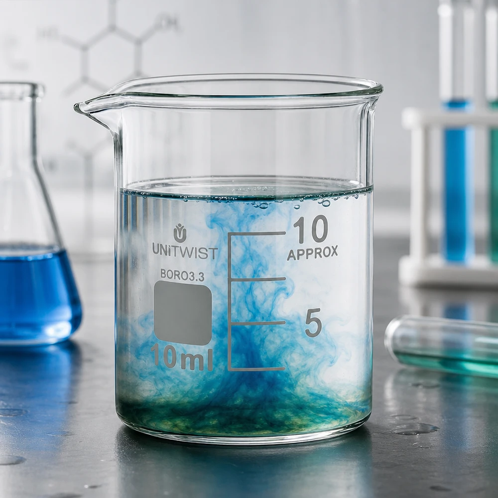 Beker 10ml borosilicaat, lage vorm UNiTWIST Stevig microbekerglas van 10 ml, laag model, van borosilicaatglas, met een blauwgroene kleurwaas in het water