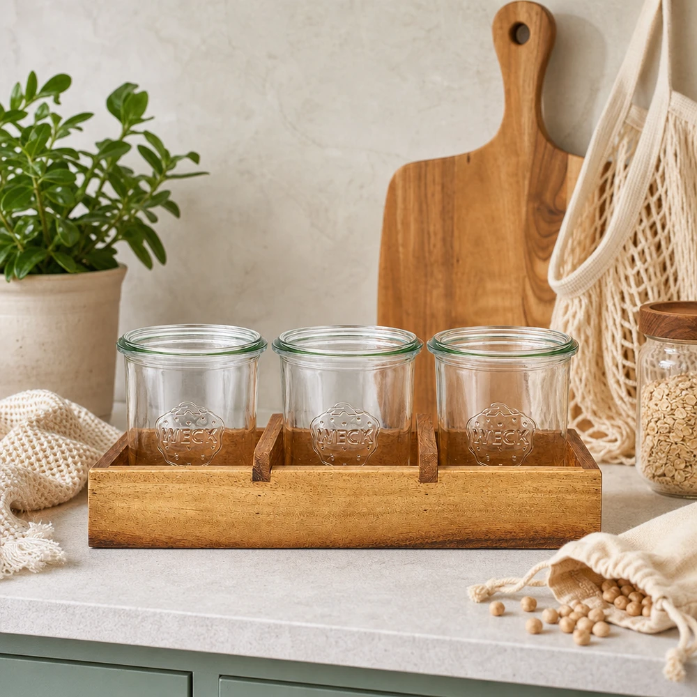 Dienblad Box3 acaciahout voor 3 WECK stortglas Serveerplank Box3 acaciahout drie lege WECK potten keukenscène met plant snijplank voorraadpotten naturel