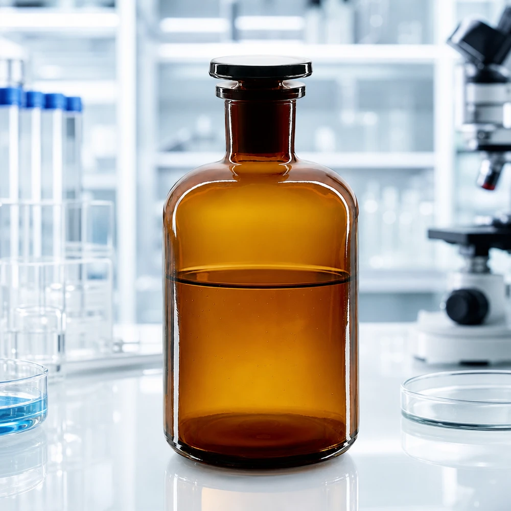 Apothekersfles 500 ml nauwe hals bruin glas incl. glazen stop Bruine glazen fles van 500 ml, ronde schouders, smalle hals, luchtdicht afsluitbaar, laboratoriumbenodigdheden