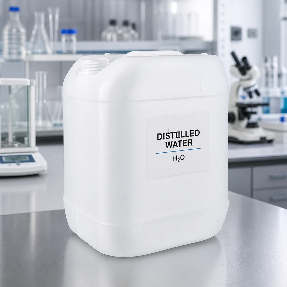 Grote witte container van 20 liter zonder deksel voor de opslag van gedestilleerd water in het laboratorium