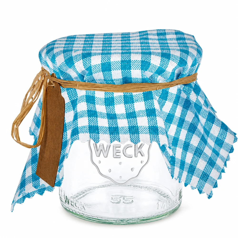 Stoffen lapje voor deksel turquoise geruit 15cm hoekig Turkoois en wit geruite stoffen doily op een pot met raffia en bruine hanger