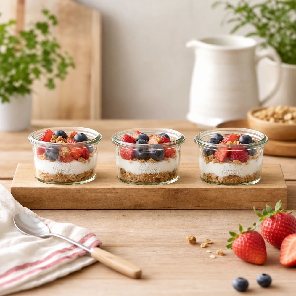 Serveerplank Plano3 met 3 Weck-glazen van 80 ml Houten serveerplank Plano3 met Weck tumblers 80ml als yoghurt parfait met bessen en granola in een lichte keuken