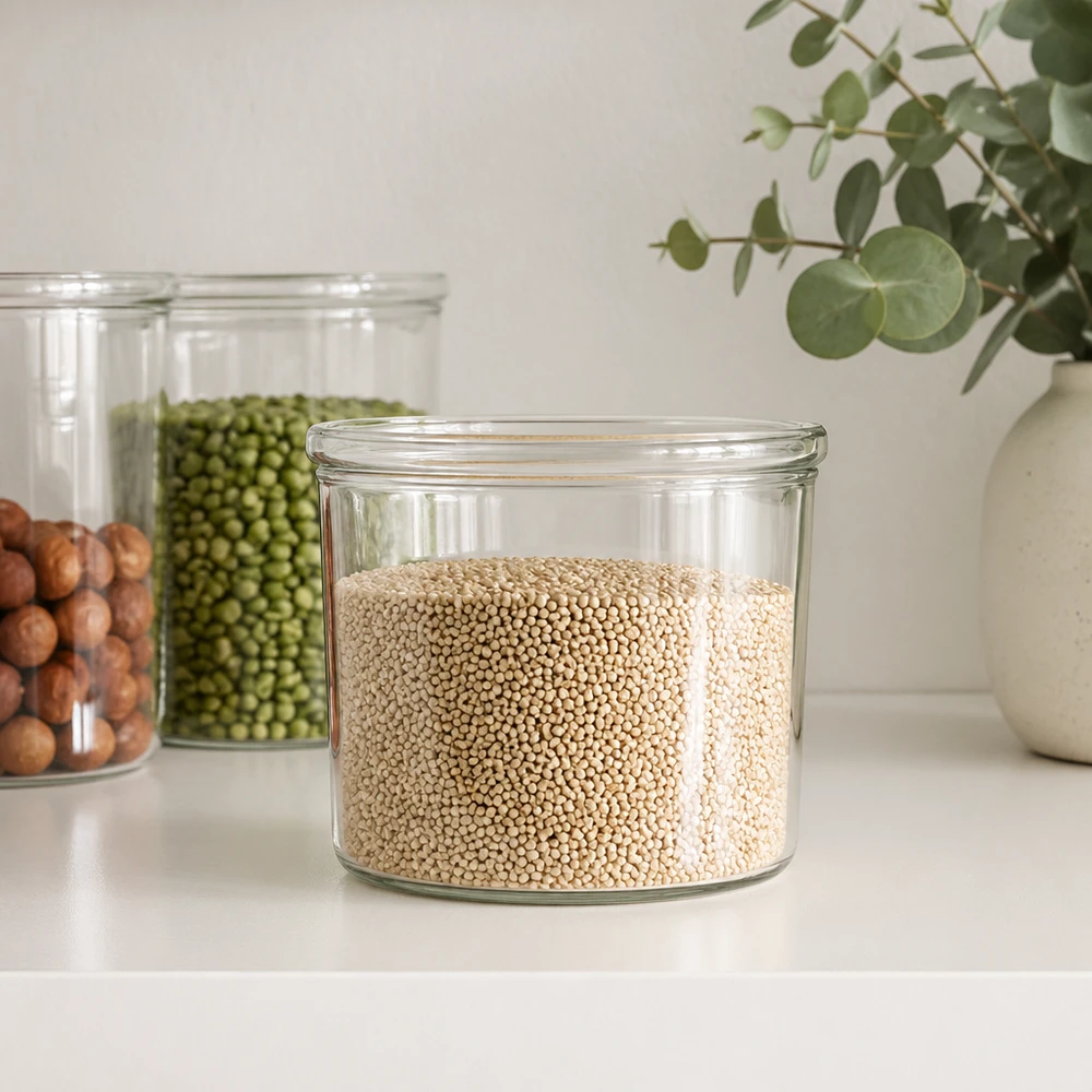 WECK 35ml RR40 voorraadpot gevuld met quinoa naast andere voorraadpotten met peulvruchten in de moderne keuken