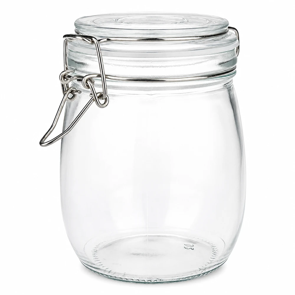 750 ml voorraadpot type S met scharnierende top UN. Voorraadpot 750ml met draaidop van helder glas voor keuken en opslag