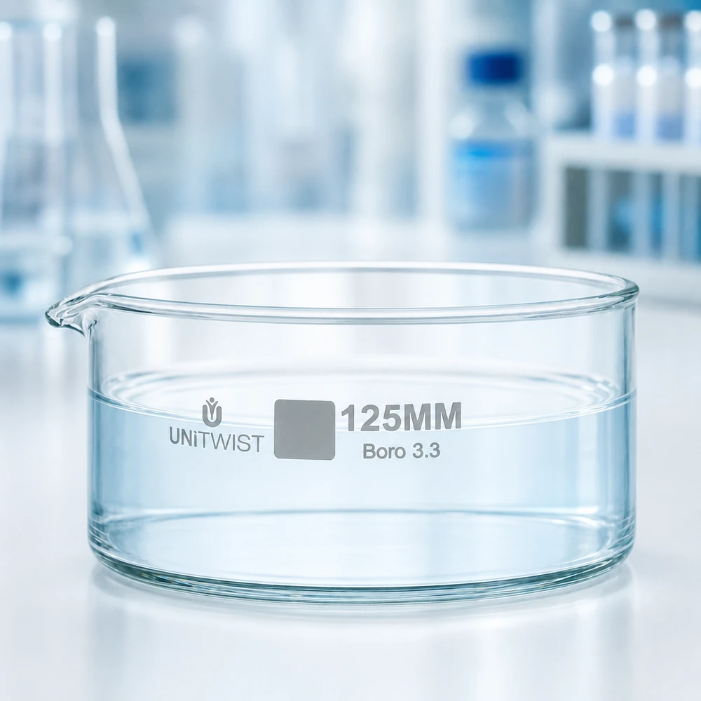 Kristallisatieschaal UNiTWIST van borosilicaatglas, 125 mm, transparante wand met gegraveerde maatvermeldingen