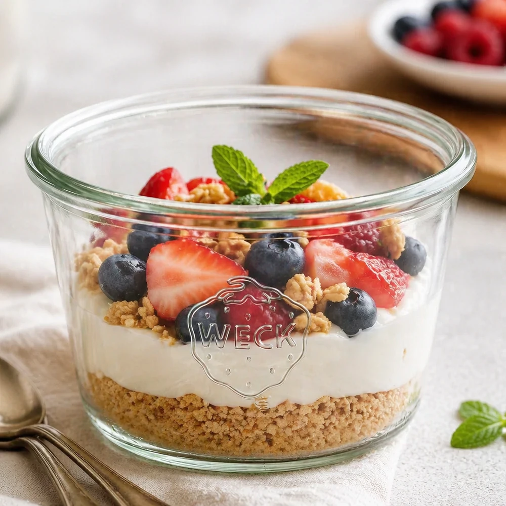 370ml stortglas WECK RR100 WECK RR100 pot 370ml gevuld met yoghurt bessen muesli op een witte houten tafel