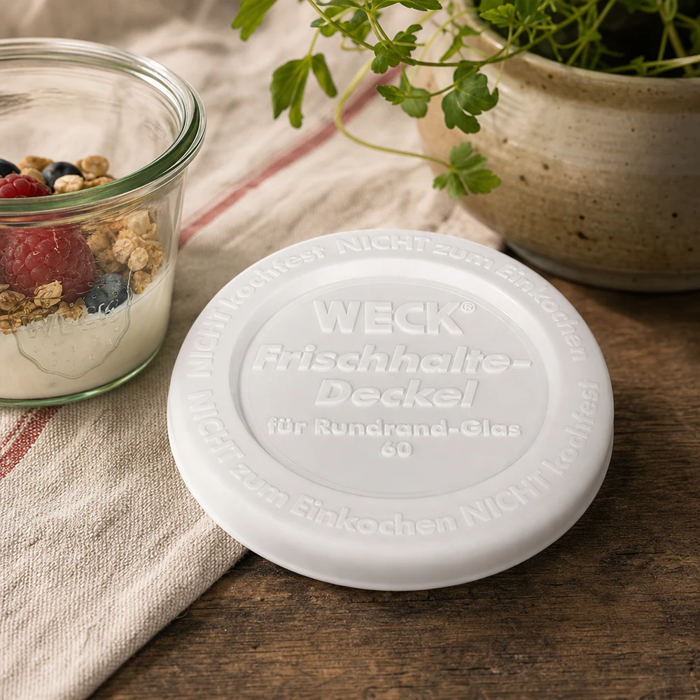 WECK vershoudend deksel RR60 WECK keep-fresh deksel RR60 wit kunststof deksel op houten tafel naast yoghurt met bessen natuurlijke keuken decoratie