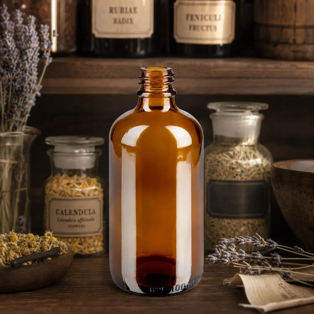 100ml bruine Apothekersfles ApoGlas 100ml bruine ApoGlas apothekersfles met calendulakruiden en lavendel in een rustieke apothekerssfeer