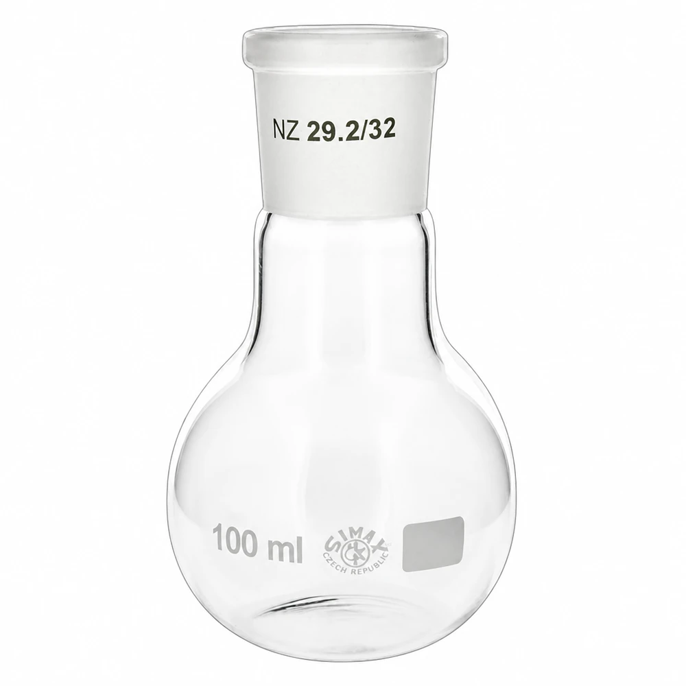 Platbodem kolf 100ml wijde hals borosilicaat met slijpstuk 29/32 Compacte 100ml rondbodemkolf met standaard slijpstuk 29/32 ideaal voor kleine reactiebatches