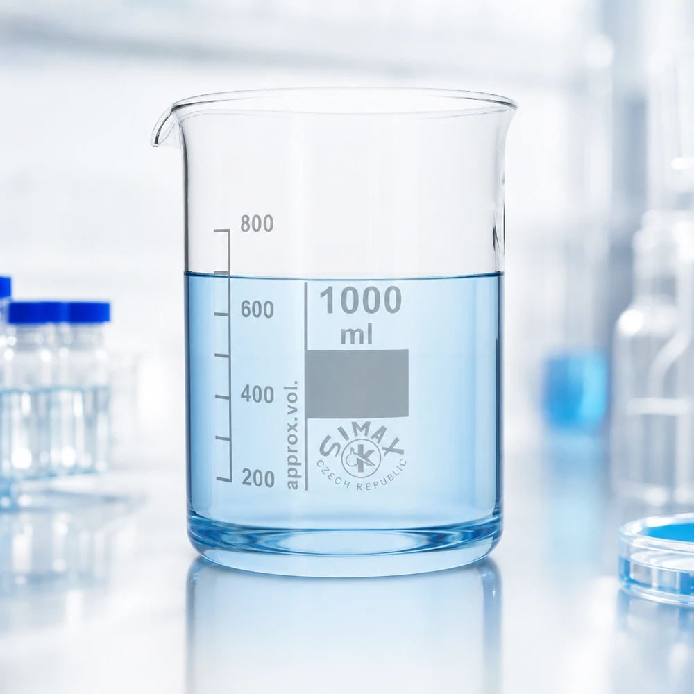 Bekerglas 1000 ml van hittebestendig borosilicaatglas (laag model) Grote beker van 1000 ml van robuust borosilicaatglas voor uitgebreide laboratoriumexperimenten