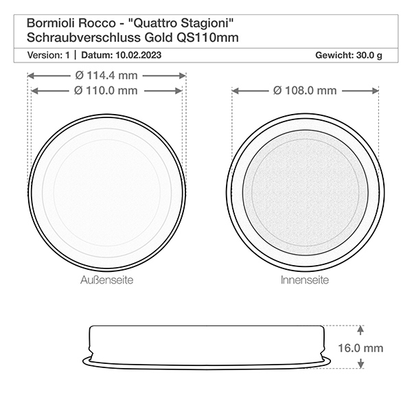 Technische tekening Quattro Stagioni schroefdop met afmetingen 114,4 mm diameter en 16 mm hoogte