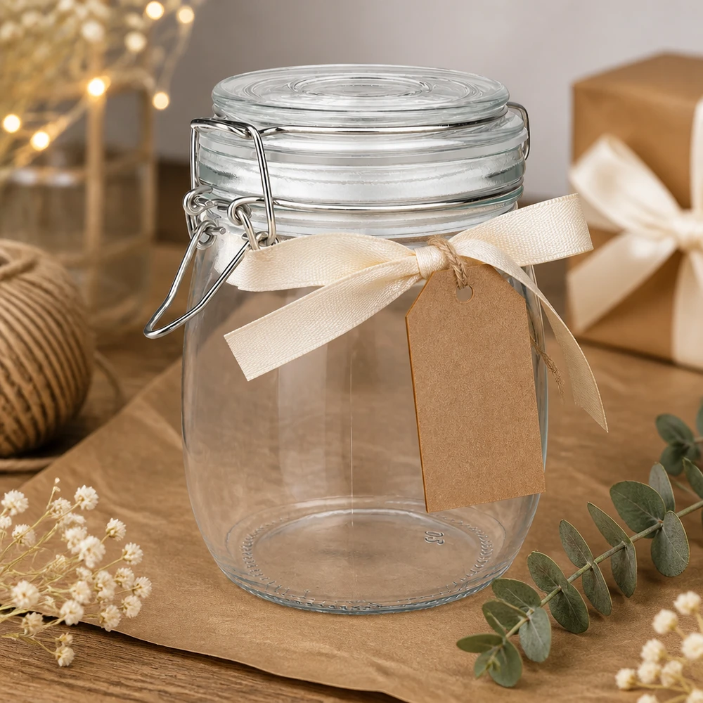 750 ml voorraadpot type S met scharnierende top UN. Decoratieve voorraadpot van 750 ml met crèmekleurige strik en cadeaulabel voor speciale gelegenheden
