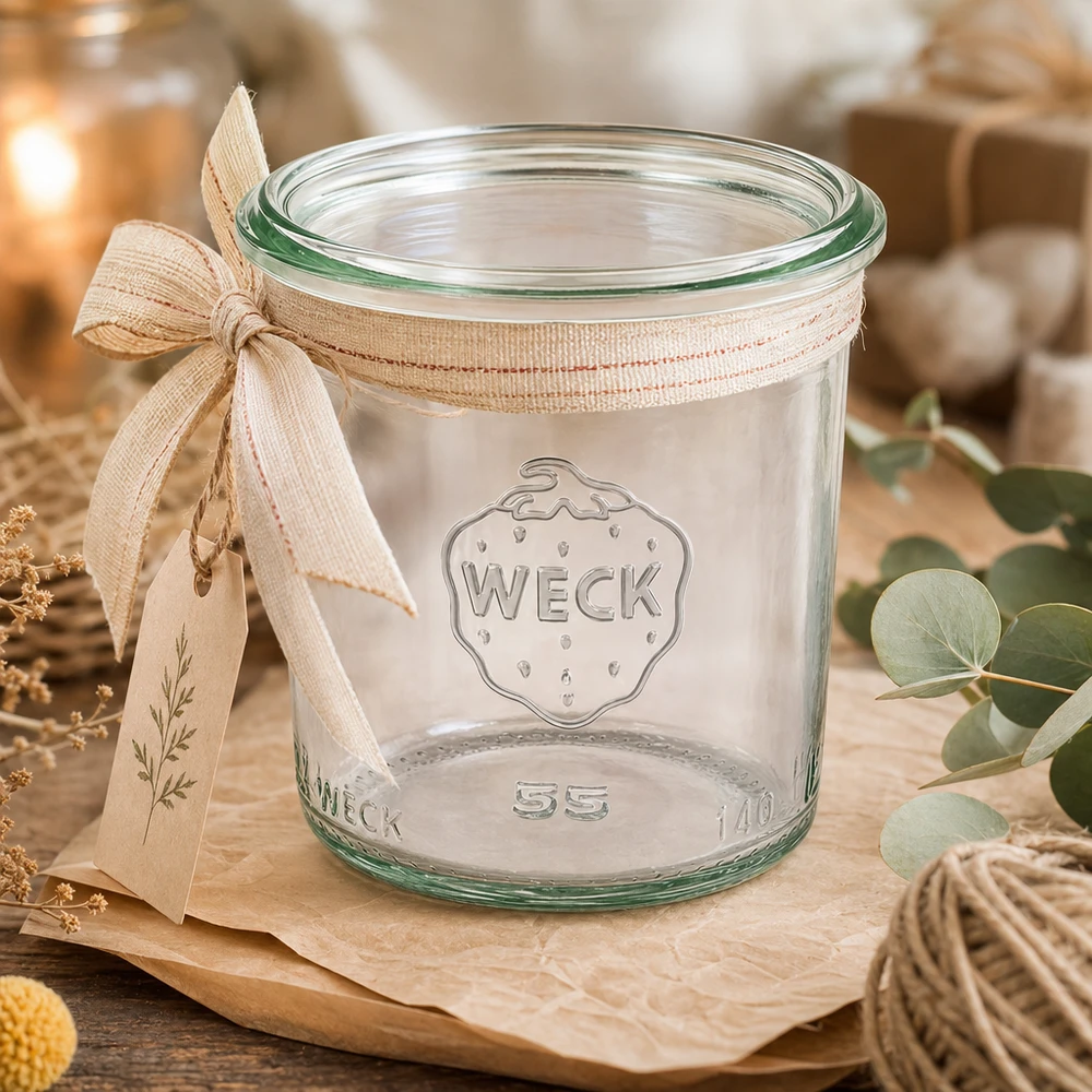 140ml WECK RR60 bekers met lint op houten plank, lege inmaakpot voor jam en conserven