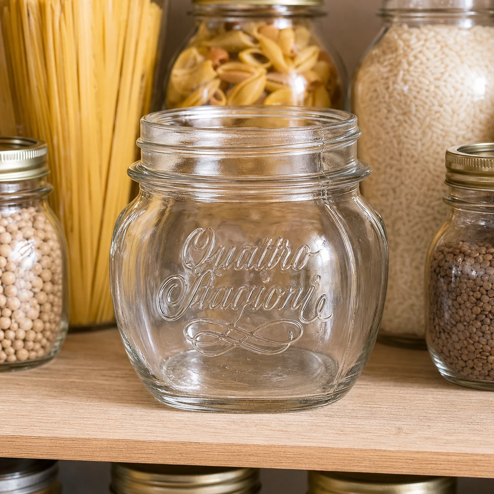 300ml huishoudglas "Quattro Stagioni" 300 ml Quattro Stagioni huishoudpot van helder glas met schroefdeksel voor keukenopslag en voorraadvorming