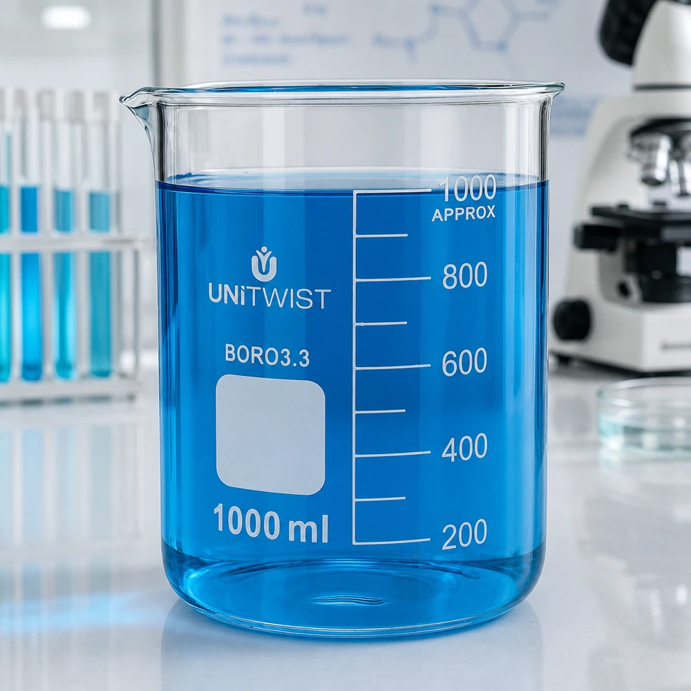 Glazen beker van 1000 ml met laag handvat, blauwe inhoud en maatverdeling