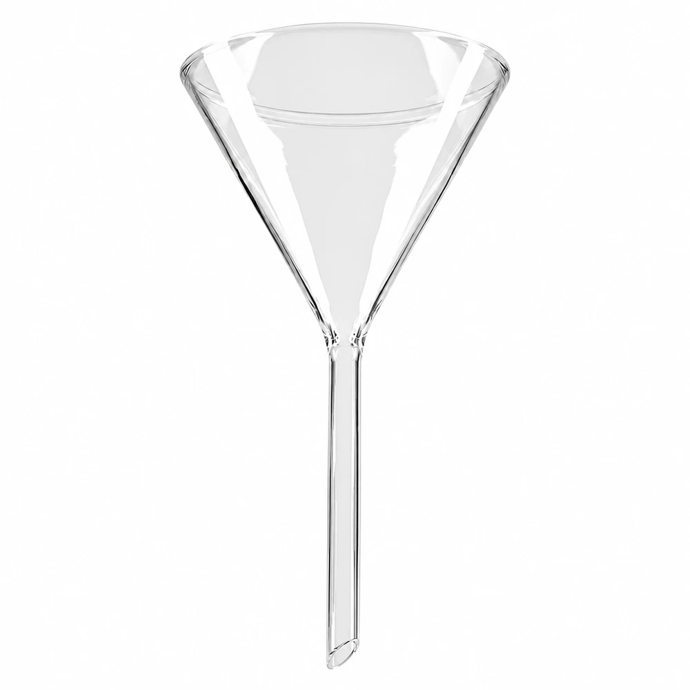 Glazen trechter Ø 100mm - kalk-soda-glas - 60° hoek Glazen trechter met een diameter van 100 mm, gemaakt van natriumcalciumglas, met een kort steel, voor laboratoriumgebruik