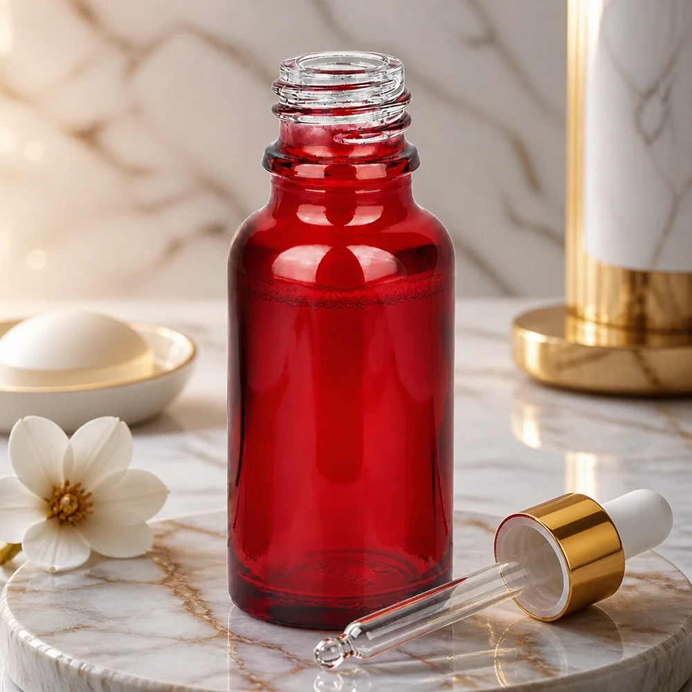 20ml flesje Apothekersfles RedLine UT18/20 UNiTWIST Elegante rode 20ml RedLine UT18/20 UNiTWIST apothekersfles voor hoogwaardige serums en tincturen