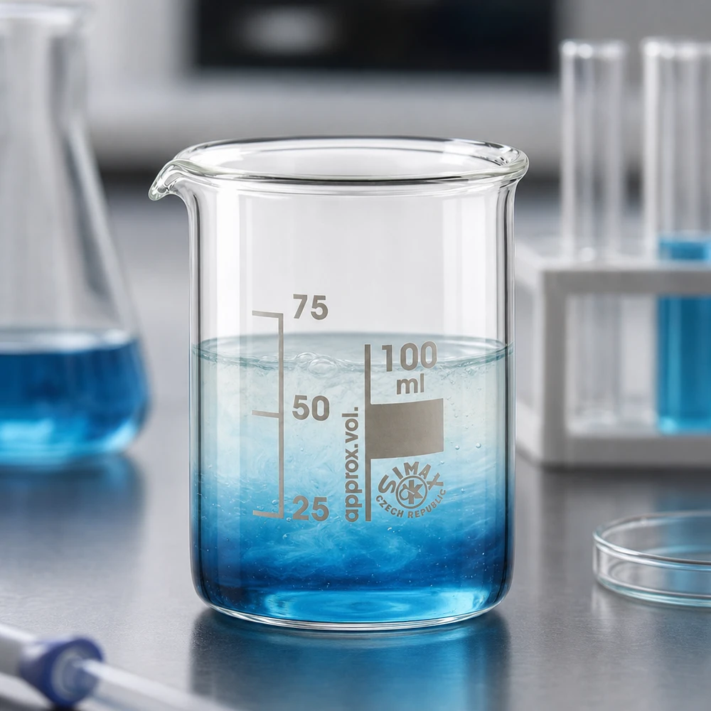 Bekerglas 100 ml van hittebestendig borosilicaatglas (laag model) Borosilicaatglas beker 100ml met blauwe oplossing en duidelijk zichtbare milliliterverdeling