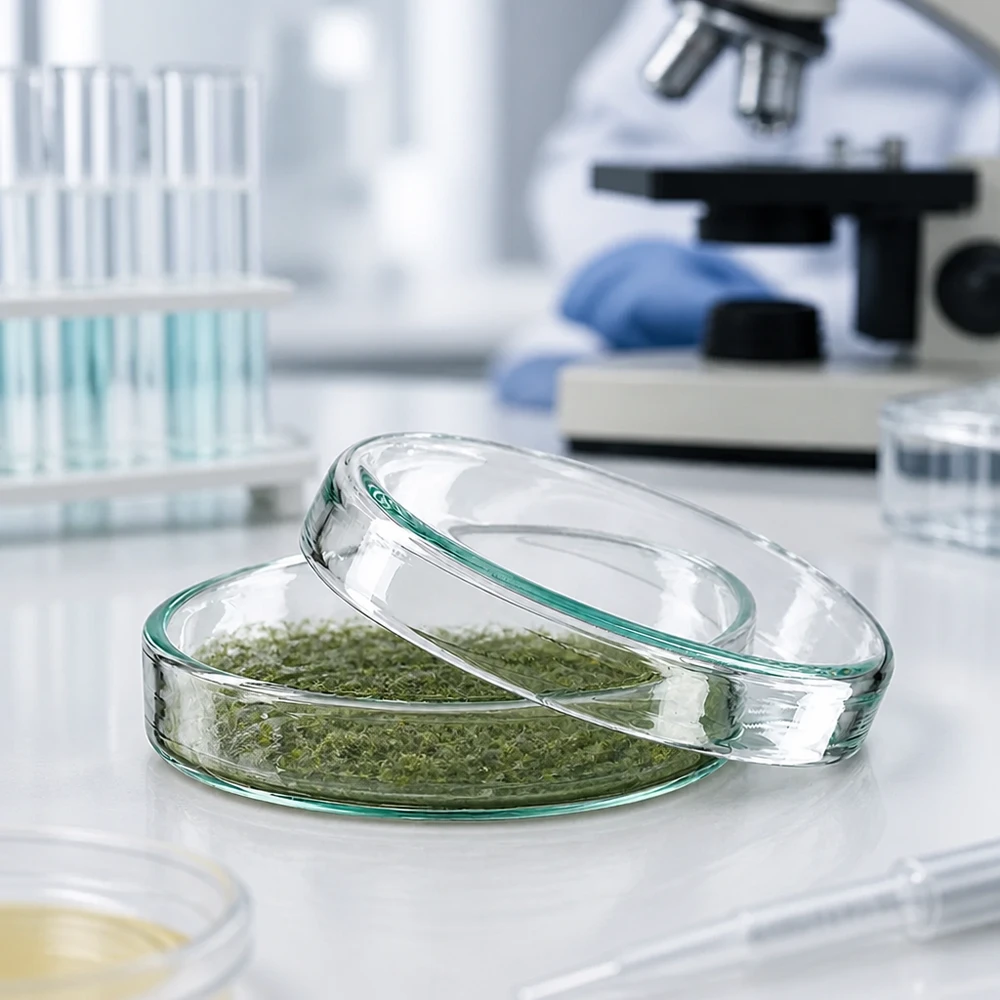Glazen petrischaal van 60 x 15 mm met deksel en groen plantmateriaal in een laboratoriumomgeving