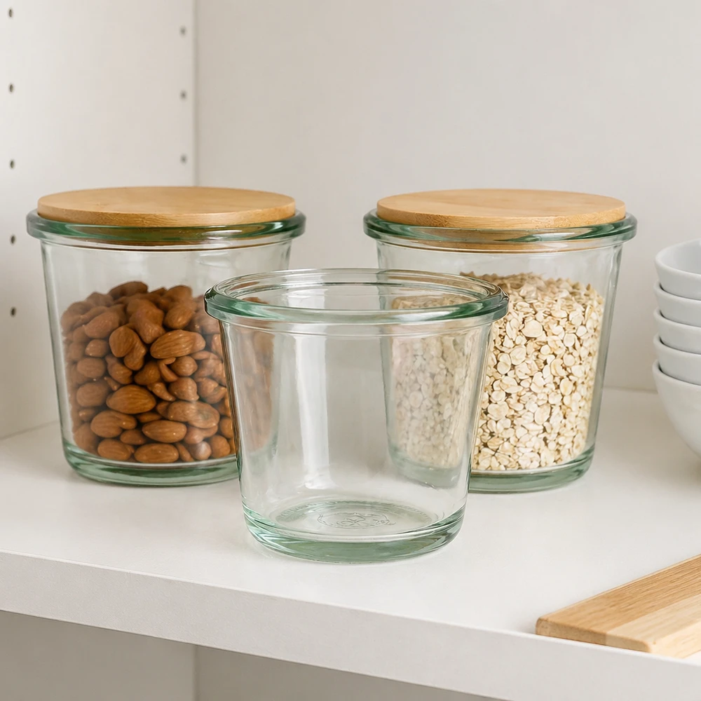 80ml gourmetglas WECK RR60 80ml WECK gourmetpot RR60 in een moderne keuken als voorraadpot voor noten en havermout met bamboe deksel