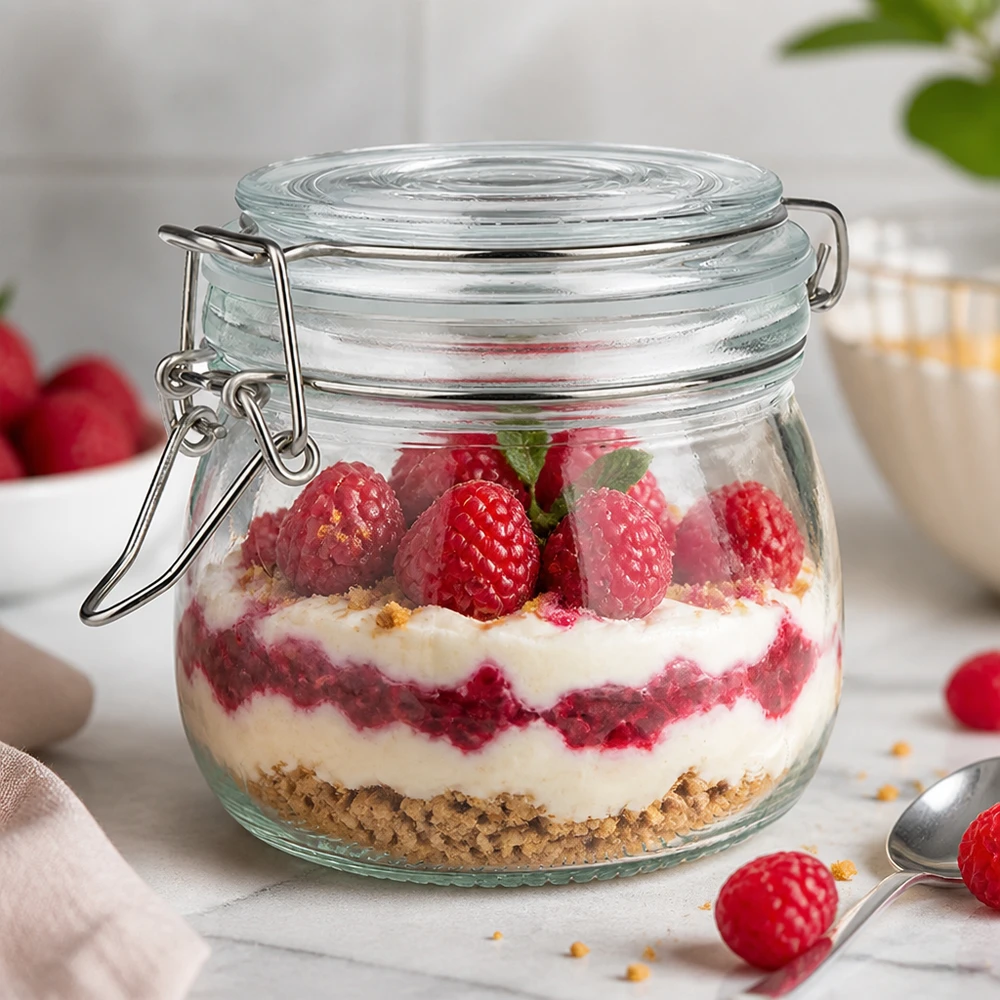 500 ml voorraadpot type S met scharnierende top UN. Gelaagd dessert in 500 ml voorraadpot met draaidop toont veelzijdig gebruik als dessertpot