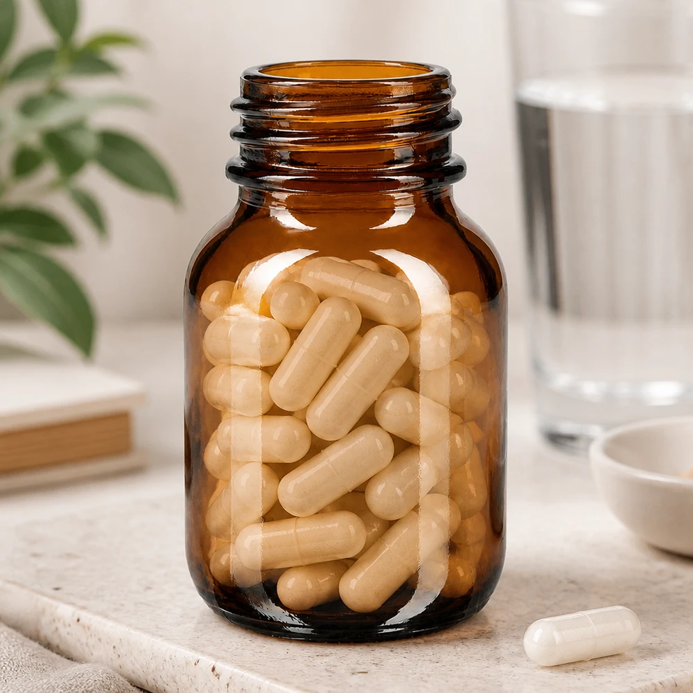 Fles met wijde hals 50 ml bruin glas met DIN 32 opening zonder sluiting Praktische 50ml wijdhalsfles van amberkleurig glas voor het veilig bewaren van voedingssupplementen