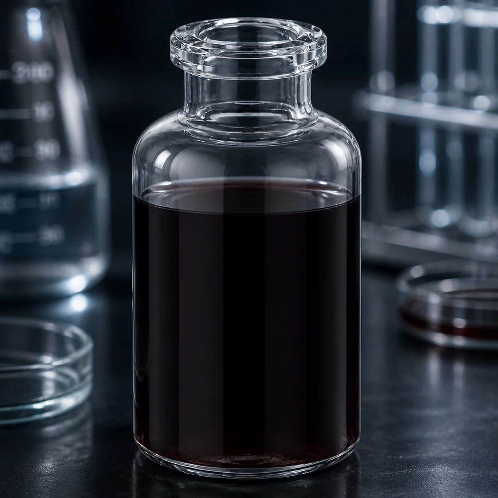 Medizinische Klarglas Injektionsflasche 20ml mit dunkelbrauner Substanz in professioneller Laborumgebung