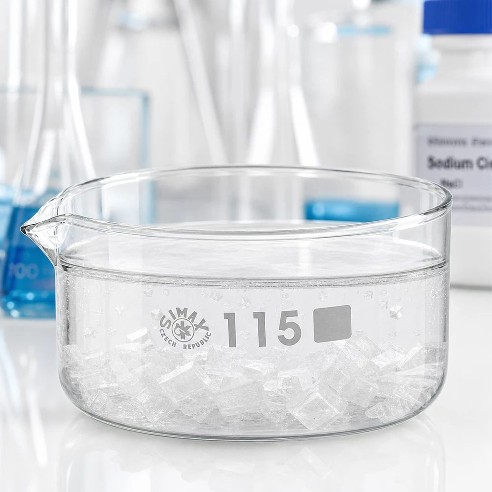 Simax-kristallisatieschaal 115 mm, borosilicaatglas met tuit, voor kristallisatieprocessen in het laboratorium
