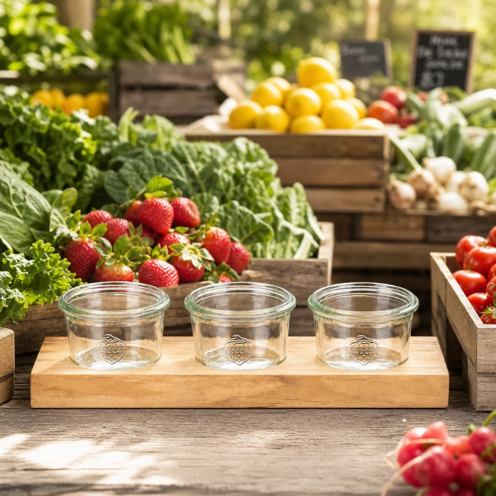 Serveerplank Plano3 met 3 Weck-glazen van 80 ml Plano3 serveerplank met lege Weck 80ml bekers op een marktkraam tussen vers fruit en groenten