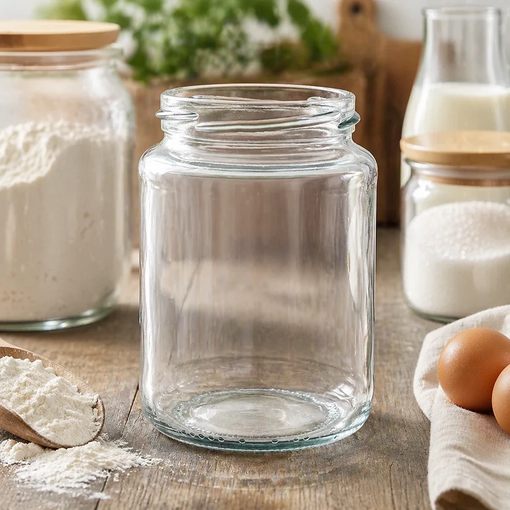 UNiTWIST Runda382 ronde pot 382ml TO66 lege inmaakpot op houten tafel met keukengerei en eieren op de achtergrond