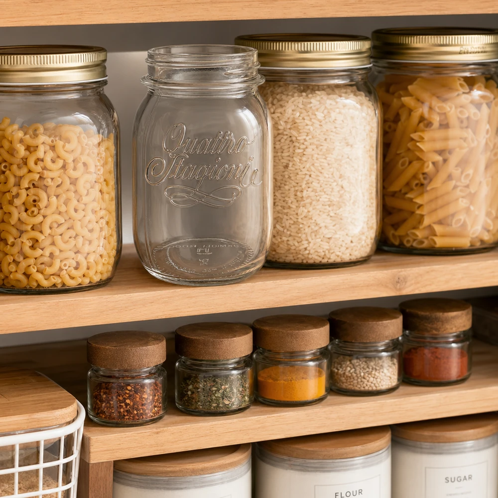 500ml huishoudglas "Quattro Stagioni" Quattro Stagioni 500ml Vorratsglas in organisierter Küchenpantry mit Pasta Reis und Gewürzen für stilvolle Aufbewahrung